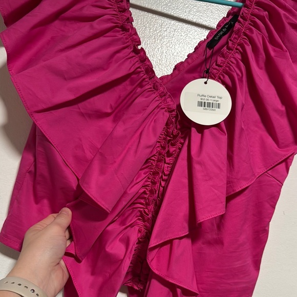 Pink Ruched Ruffled Tie Front Blouse - Picture 3 of 4